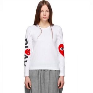 Comme des Garcons White Long Sleeve Tee with Red Heart Accents